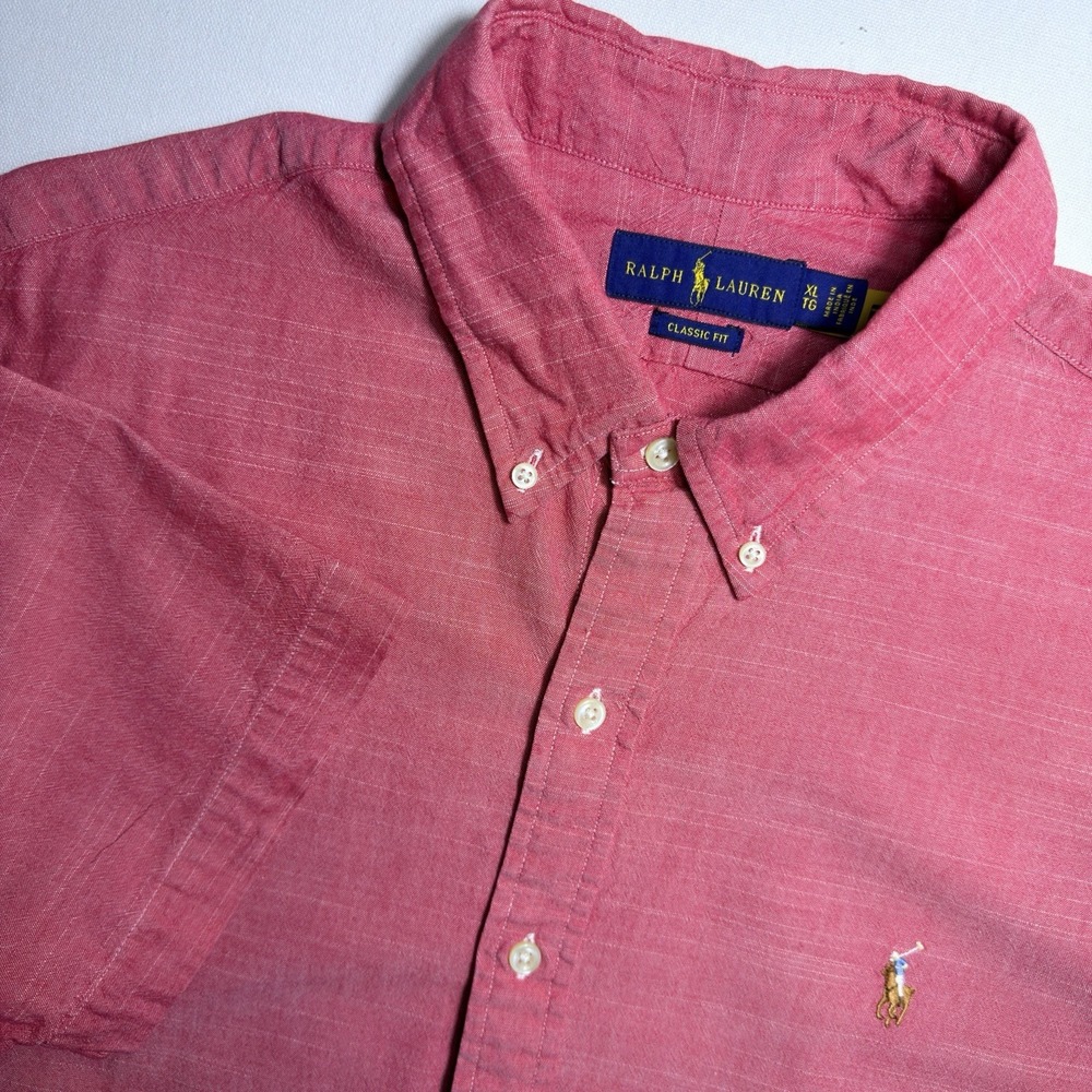 Ralph Lauren XL Classic Fit Chambray Short Sleeve Light Red Slub Weave Shirt